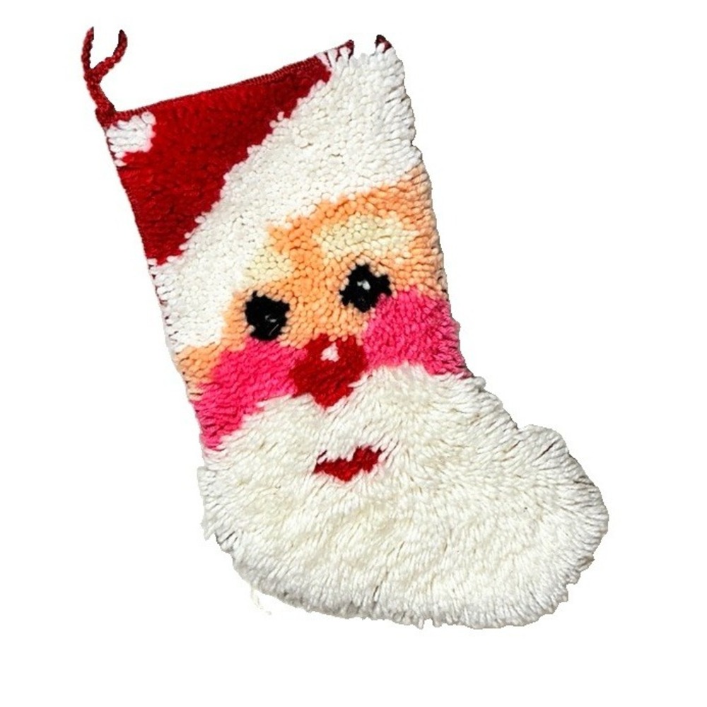 Vintage Handmade Latch Hook Santa Christmas Stocking 20" Retro Holiday Decor